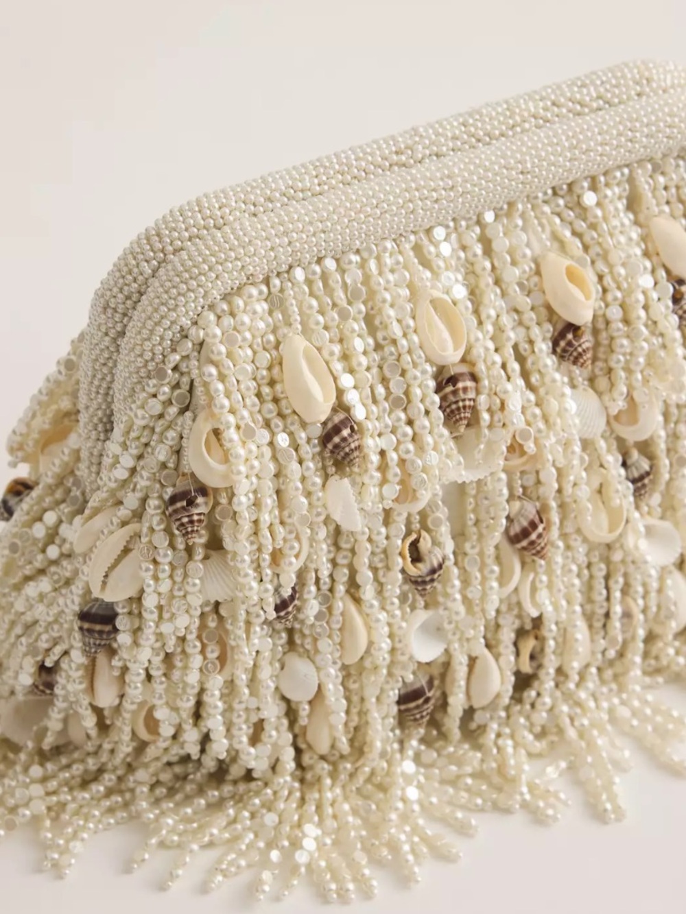 Celandine Beaded Shell Fringe Chain Shoulder Clutch Cream - Picture 4 of 10